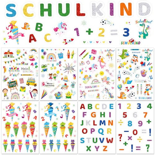 DPKOW 600+ Sticker Einschulung Streudeko 2025 Schulkind Aufkleber Einschulung Schuleinführung ABC Zahlen Schultüte Aufkleber Einhorn Schutzengel Meerjungfrau Sticker Dino Fußball Deko Schulkind