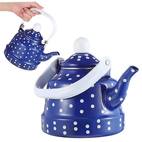 MOLUCKFU Ancient Bell Kettle Tea Kettle Enamel Interior Blue White Dots for Stovetop Brewing