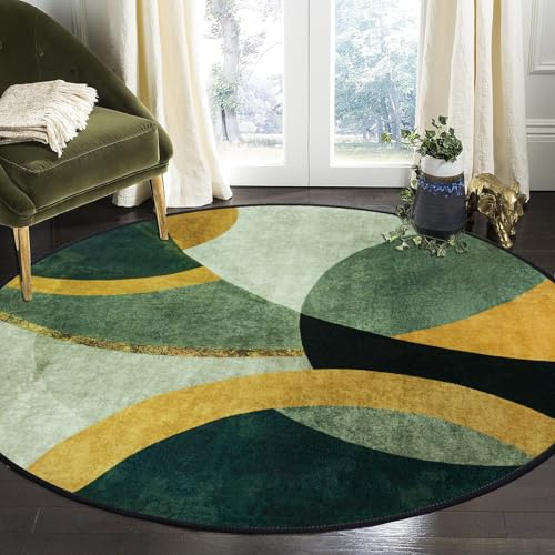 Tapis Design Runder Teppiche Wohnzimmer, Smaragdgrün Senfgrau, Halbkreismuster Waschbare Teppiche, rutschfest Teppich für Wohnzimmer, Schlafzimmer, Kamin, 80 cm | Elegantes Muster mit sorgfältigen Nähten, weiche und strapazierfähige Oberfläche, ideal für Wohnzimmer