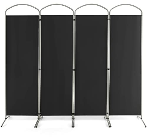 LIFEZEAL Biombo Divisor Plegable, Separador de 4 Paneles 188cm, Pantalla móvil, Pared divisoria, Marco metálico, Base Estable, Protege la intimidad para Interior y Exterior, Negro