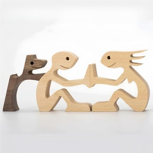 Drawelry Holz Mensch Welpen Skulptur Holzstatue Dekoration Handgefertigt Geschnitzt Frauen Männer Haustier Hunde Katze Figuren Ornamente Heim Deko Kreativ Geschenke für Familie, Freunde, Paare (B1)