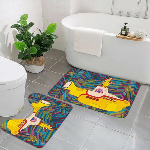 KGDHY Badezimmermatten-Sets 2-Teilig,Gelbes U-Boot der Beatles-Rockband-Illustration,Bad und WC-Vorleger-Set,rutschfeste Badezimmerteppiche wasserabsorbierende