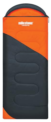 Milestone Hooded Sleeping Bag / 3 Season Single Envelope Style / 250gsm Water Resistant with Carry Sack for Camping Outdoors / 220 x 80cm (Orange)