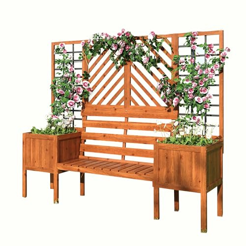 Laxnb Pflanzkasten Blumenkasten mit Rankgitter, Pflanzkübel mit Sichtschutz, Pflanzgefäß mit Spalier als Rankhilfe, Holz Blumenkübel Planter Box mit Sitz, Garten Hof Terrasse, Massivholz Braun-C