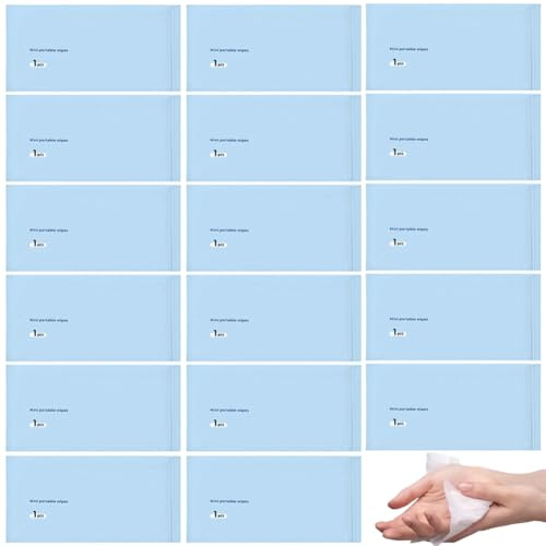 Lot de 50 mini lingettes de voyage portables emballées individuellement pour les mains et le visage ; propres et hygiéniques, lingettes nettoyantes tout usage respectueuses de la peau pour voyage
