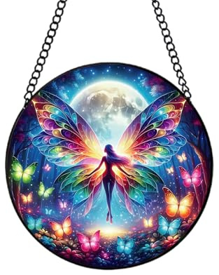 WOHAHA Butterfly Sun Catcher Stained Glass Window Hanging, Handmade Butterfly Fairy Suncatcher Glass Panel Garden Wall Decor, Housewarming Gifts for Women Insect Lover