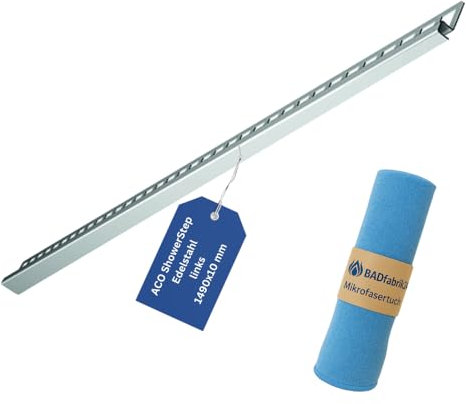 BADfabrik24 ACO ShowerStep Edelstahl links 1490×10 mm – geschliffen & elektropoliert, Art.-Nr. 9010.72.53 – Ausgleichselement für bodenebene Duschen, inkl. Mikrofasertuch 40×40 cm
