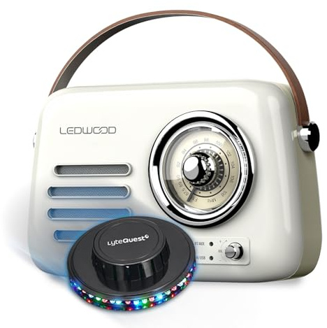 Radio Rétro Portable Ledwood Alma, FM, Bluetooth 5.3 Entrée USB, Puissance 30W Batterie 1500mAh - Retro Vintage Blanc, OVNI LED