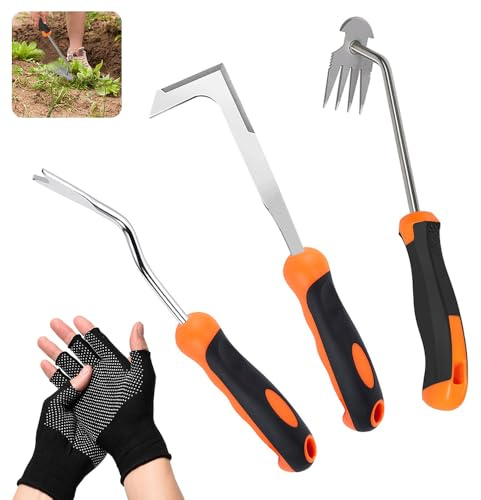 HIQE-FL Ogräsfräsar med gummihandtag, 3 stycken trädgårdsmästare med handtag, ogräsborttagare med handtag, trädgårdsarbete, handogrässkärare, rostfritt stål, enkel förvaring, för trädgårdsskötsel