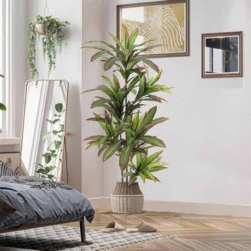 Künstlicher Drachenbaum 150cm Artificial Tropische Dracaena Pflanze Groß - Plastik Dracaena Kunstpflanzen Im Topf für Wohnzimmer Büro Balkon Dekoration - Verstellbare Äste & Blätter - UV Schutz