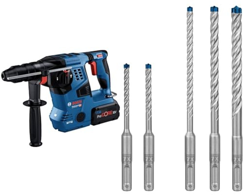 Bosch Professional 18V System Akku Bohrhammer GBH 18V-28 CF (inkl. Zusatzhandgriff, Fetttube, ohne Akku/Ladegerät) + 5x Expert SDS plus-7X Hammerbohrer Set (für Stahlbeton, Ø 5-10 mm)