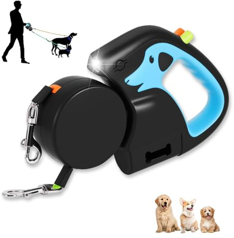 Brynest 3m Double Retractable Dog Lead for 2 Dogs, 360° Tangle-Free Reflective Nylon, Dual Independent Brakes & 1-Button Lock, up to 10kg Each, Rechargeable Light, Poo Bag Dispenser - Light Blue