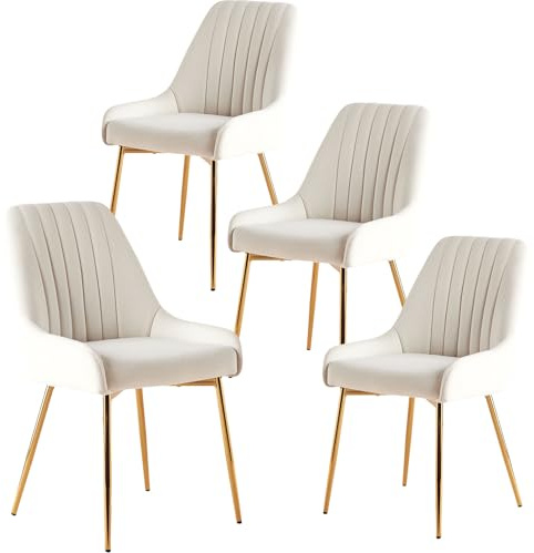 Fiximaster Lot de 4 chaises de Salle à Manger, rembourrées, en Velours, avec Dossier, Pieds dorés, ergonomiques, pour Salle à Manger, Salon et Chambre à Coucher, Blanches