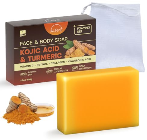 Kojic syra & gurkmeja tvål för mörka fläckar, ljusare och fuktgivande för ansikte och kropp med C-vitamin, retinol, kollagen och lava, hyaluronfri, paraben- och SLS-fri (100 g x 1 tablett)