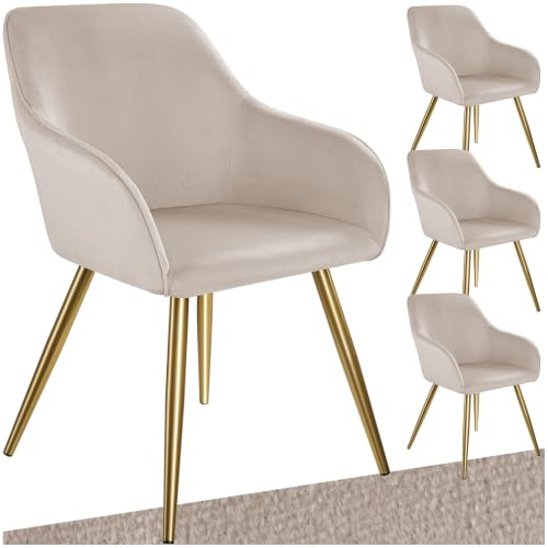 tectake® 4er Set Esszimmerstuhl, Sessel bequem mit Armlehne, Polsterstuhl, Samtstoff Cocktailsessel, Loungesessel für Wohnzimmer, Esszimmer, Moderne Küchenstühle, Bürostuhl - Taupe/Gold