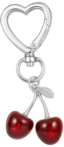 Schlüsselanhänger Kirsche, Frucht Schlusselband für Taschenaccessoire | Niedliches Schluisselringe mit Silberherz-Haken und Schwarzen Kirschanhängern Geschenk Accessoire für Frauen und Männer
