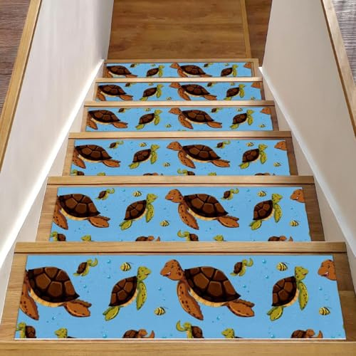 RODAILYCAY Alfombra antideslizante para peldaños de escalera, peces de tortuga marina, paquete de 15 alfombrillas para escalones de madera en interiores, alfombras de paso de escalera con respaldo de
