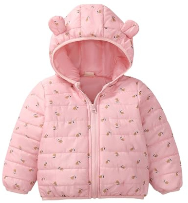 Vinterjacka baby, övergångsjacka med tryck huvjacka med dragkedja dunjacka lätt bomullsjacka med björnöron utomhusjacka andningsaktiv bekväm babyjacka för utomhus, ROSA, 110