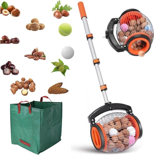 Nut Gatherer Roller with 60L Collection Bag – Telescopic Adjustable 26–56 Inch Nut Picker Upper Tool for Acorns, Walnuts, Pecans – Lightweight Aluminum Handle Yard Roller Collector