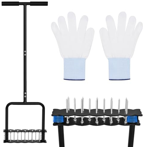 Rasenbelüfter Rasenlüfter, aerifizierer für rasen mit 14 Spikes 90cm, Vertikutierer rasen belüften mit T-Griff, Automatische Blatt- und Schmutzreinigung für Verdichtete Böden, Rasenpflege, Hof, Garten