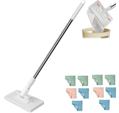 Lazy Mop Clip On, Mini Mop, Dust Mop with 10 Reusable Cloths, Automatic Cloth Changing & 360°, Wet and Dry Floor Mops for Floor Wall Bathroom Kitchen