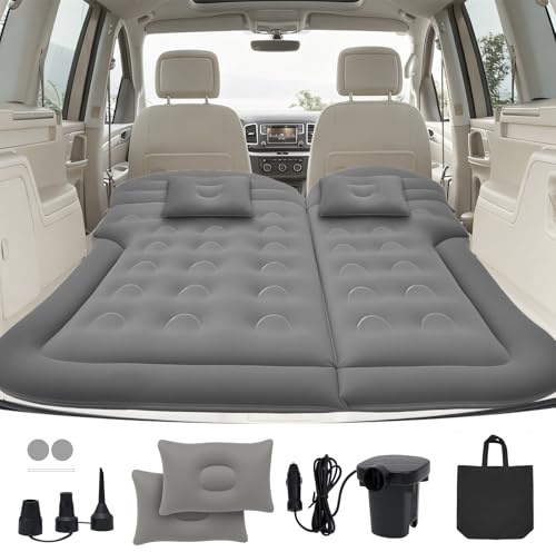 Adirigo - Materasso per auto gonfiabile, portatile, per SUV, con pompa e 2 cuscini, materasso ad aria per auto floccato per viaggi, campeggio, attività indoor e outdoor (Grigio)
