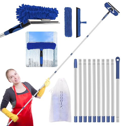 Window Squeegee Tool with Extension Pole: 4.5M Microfiber Scrubber Window Cleaning Kit for Rv Truck Bus Car Windshield - 3 to 14 Ft Spliceable Extendable Long Duster for High Outside Solar Panel