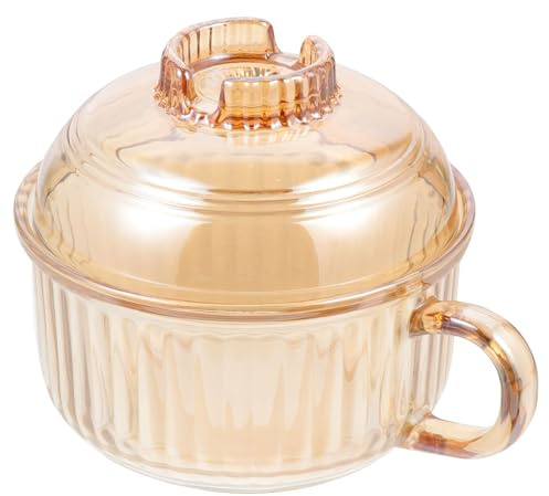 SHINEOFI Tazón de Vidrio para Sopa con Tapa, Cuenco Pequeño para Vapor y Guisado, Color Ámbar con Diseño de Rayas Verticales, Adecuado para Uso Diario en Cocina y Restaurante