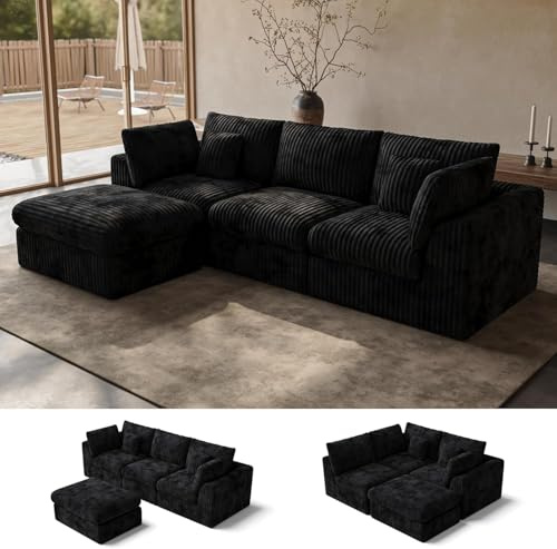 Comkei 116” Cloud Sectional Couch, Boneless Modular Sofa with Ottoman for Living Room, Deep Seat Chenille Sectional Couches for Apartment, Black