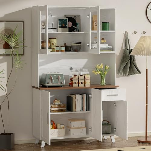 Hmdpoo Aparador Alto con Vitrina, 114x40x190 cm, Madera Blanca y Marrón, Estilo Rústico, 5 Puertas, 1 Cajón, Tablero de Partículas