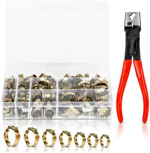 Eulihent Lot de 130 Collier De Serrage Inox 5,8 à 21 mm Colliers de Serrage à Oreille Unique avec Pinc pour Canalisations, Conduites de Carburant et Automobile (Or)