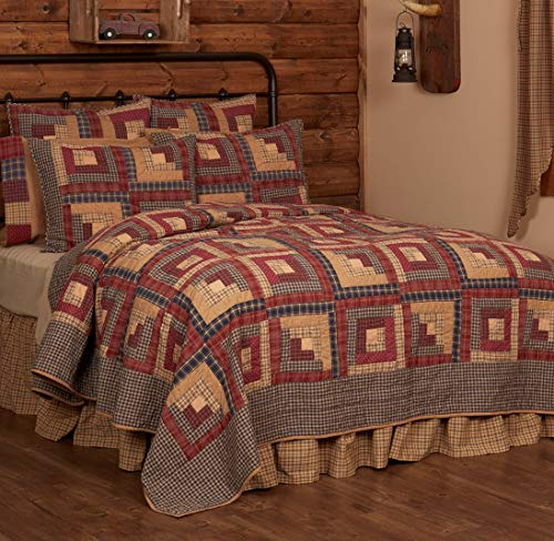 VHC Brands Millsboro Twin Quilt 70Wx90L Log Cabin Country Rustic Lodge Design, Burgundy