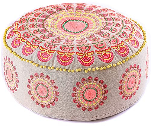 Mandala Life ART Groß Marokkanischer BodenKissen Bezug mit Ponpon - Handgefertigter kuschelig & weich Rund Sitzhocker Sitzkissen Pouf Ottomane für Schlafzimmer -Ungefüllt 60x20cm