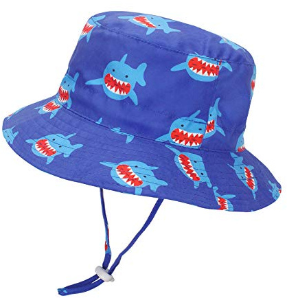 LACOFIA Chapeau Bob de Soleil Bébé Bonnet d'été pour Enfant Garçon Casquette de Plage à Bord Large Enfant Protection Solaire avec Mentonnière Réglable Requin Bleu 4-6 Ans
