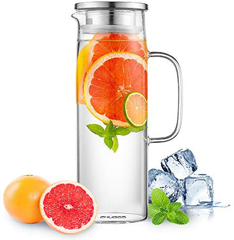 Ehugos Glass Water Jug 1300ml Glass Jug with Lid Juice Jug Water Carafe for Hot/Cold Water, Iced Tea and Juice Drinks