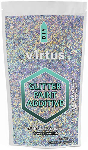 v1rtus Glitter Paint Additive - Silver Holographic Strands | Metallic Flakes for Adding Sparkle to Paints & Wood Varnish | Add to Emulsion, Acrylic & Latex for Indoor Sparkly Walls | 100 g