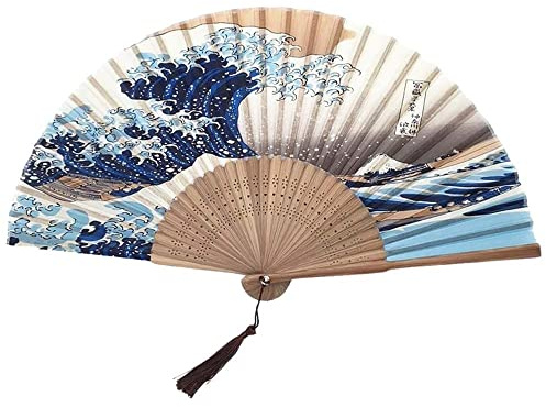 MaoNativey Folding Hand Fans, Landscape Bamboo Folding Fans with Tassel For Gifts and Wall Decoration,Japanese Fan Wave off Kanagawa Hand Fan