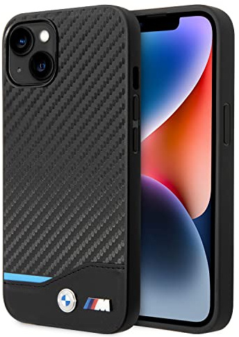 CG MOBILE BMW Coque de téléphone pour iPhone 14 Plus en noir avec fond horizontal ligne bleue, coque de protection et durable en fibre de carbone PU avec facile à clipser, absorption des chocs et logo