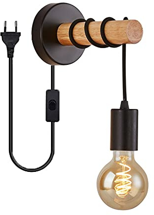 Wandlampe Vintage mit Schalter und Stecker industrielle Wandleuchte aus Metall und Holz Leselampe E27 Nachtlicht Innen Wandstrahler Wandspot Retro für Schlafzimmer Wohnzimmer Flur Küche (Schwarz)