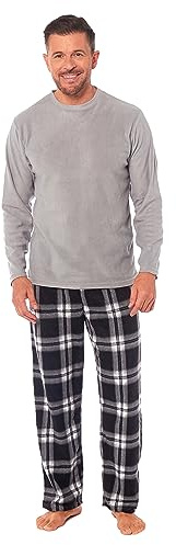 Toro Rocco Pigiama da uomo in pile a maniche lunghe, morbido, biancheria da notte, top e pantaloni a quadri, caldo, invernale, comodo, Grigio, XL