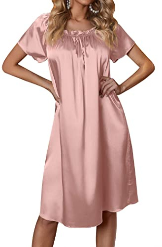 Ekouaer Women's Satin Silk Pleated Nightgown Loose Sleepwear Printed Nightshirt Short Sleeve Sleep Dress Pink