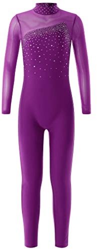 Msemis Barn flickor gymnastikdräkt långärmad sportbody helkropp gymnastikdräkt balettdräkt glitter tröja med ståkrage träningsoverall, violett, 134-140