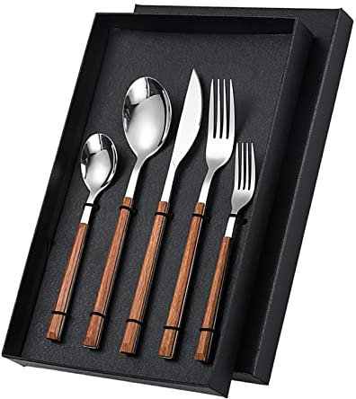Cubiertos, Juego de Cubiertos de Alta Dureza Cuchillos de Acero Inoxidable con Acabado de Espejo Cubiertos 5 Piezas para Restaurante (Mango de grano de madera.)