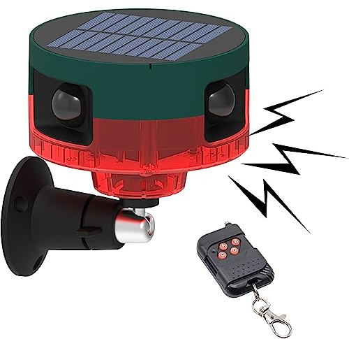 DINOWIN Sensore Movimento 360° Solare Esterno 129 dB Allarme Senza Fili Impermeabile Solare Luce Sirena Allarme Perimetrale di Sicurezza con Telecomando per Garage, Finestre, Camper (Rosso)