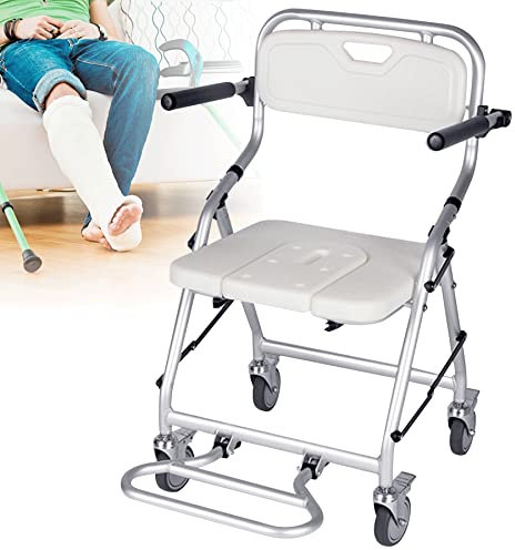 VFDZ Klappbar Duschstuhl mit Rollen, 55 cm Breit Duschstuhl für Senioren mit Verstaubaren Pedalen und 4-Rad-Bremsen, Dusch Badestühle für Eingeschränkter Mobilität Senioren