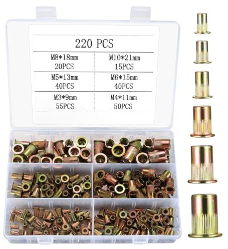 220 Pcs Rivet Nuts, Zinc Plated Carbon Steel Flat Head Threaded Insert Nutsert, M3 M4 M5 M6 M8 M10 Threaded Insert Rivet Nuts Assortment Set