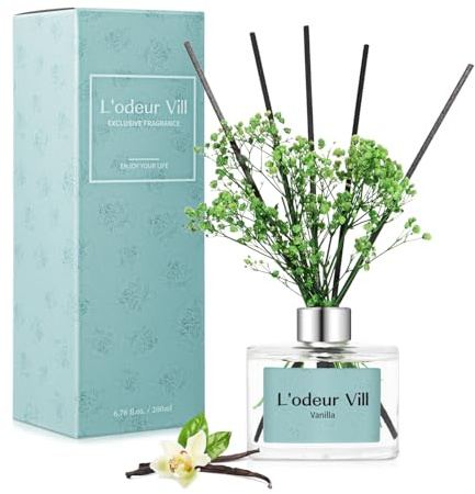 L'odeur Vill Reed Diffuser Set, 200ml Luxury Home Fragrance Diffuser with 6 Fiber Sticks, Long Lasting Scented Aromatherapy for Bedroom Bathroom Living Room Office, (Vanilla)