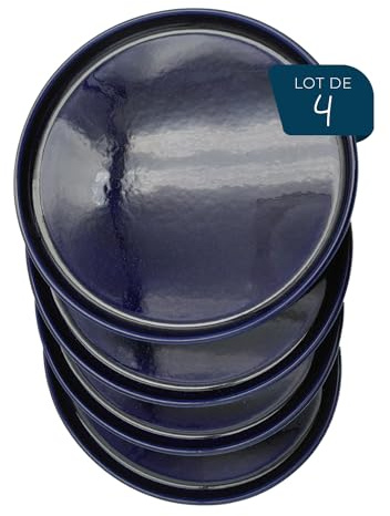 ESPRIT DE CUISINE - Lot de 4 Assiettes Plates En Céramique - Design Élégant - Résistant Aux Rayures - Solide Et Durable - Facile À Nettoyer - Made In France - 25 cm - Bleu Moucheté