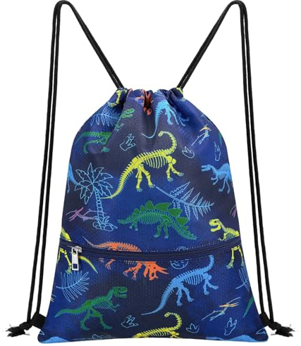 WAWSAM Mochila con cordón para niños, 34 x 45 cm, bolsa de polietileno impermeable para playa, piscina, escuela con bolsillo con cremallera, Dinosaurio E, 34 x 45 cm