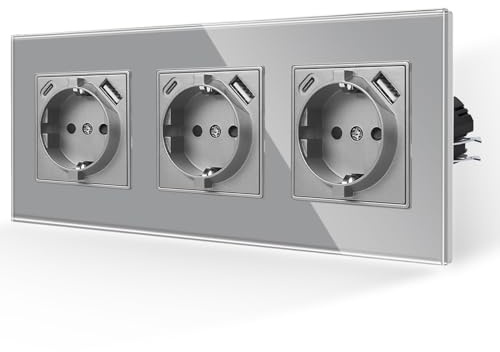 JIMEIDA Prise 3 en 1 avec USB en gris, prises de courant en verre 16A avec USB et port Type C, prise murale encastrée - 228 * 86mm, 250V